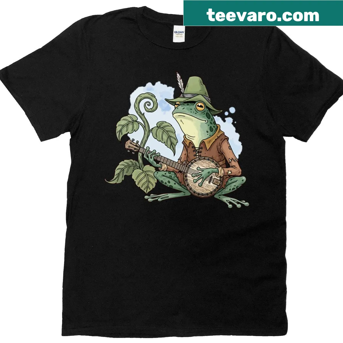 Funny cartoon frog T-shirt inspired by goblincore aesthetics — on a men's t-shirt