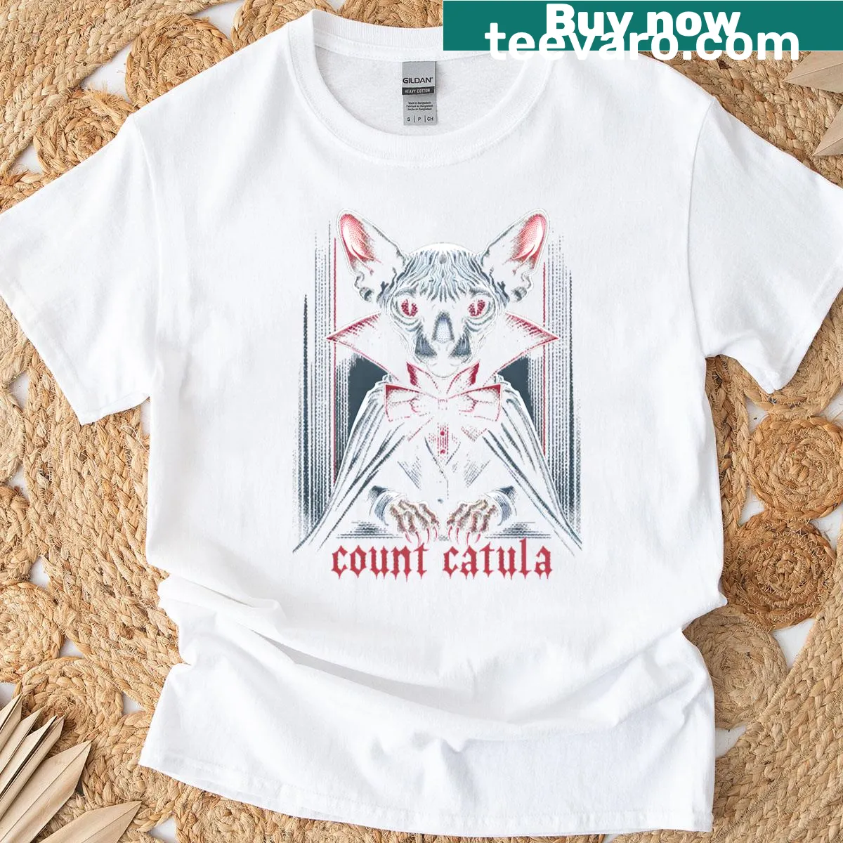 Count Catula vampire cat Halloween art t-shirt — on a men's t-shirt