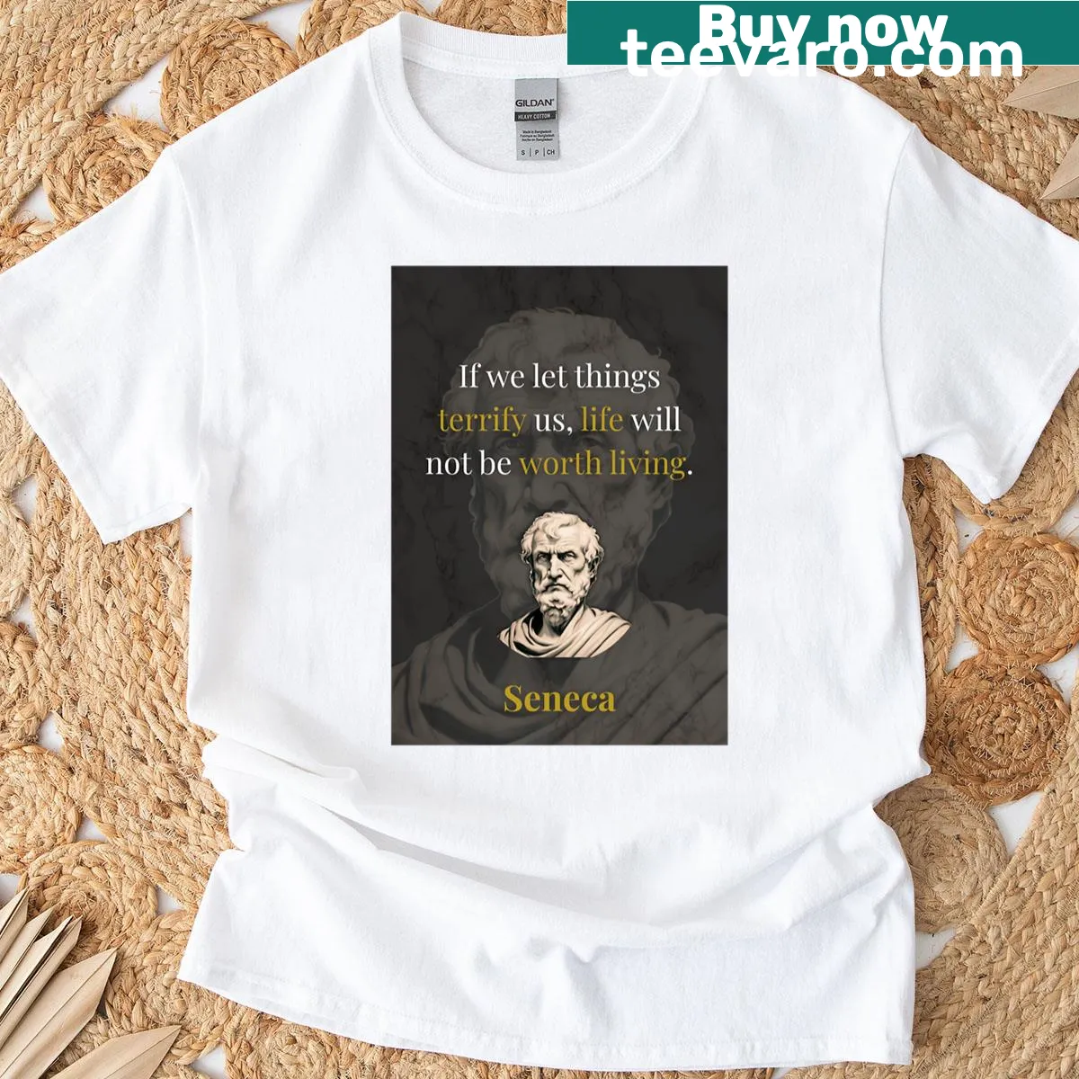 T-shirt featuring Seneca's quote on courage and fear — on a men's t-shirt