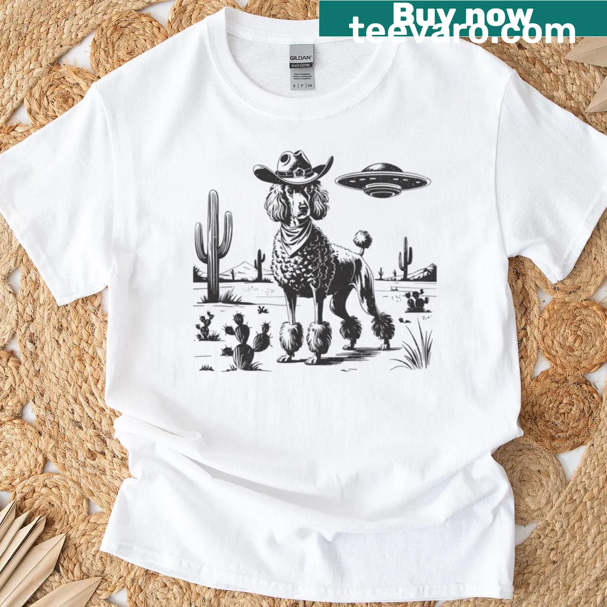 Retro shirt with a cowboy poodle and UFO in a desert scene — on a men's t-shirt