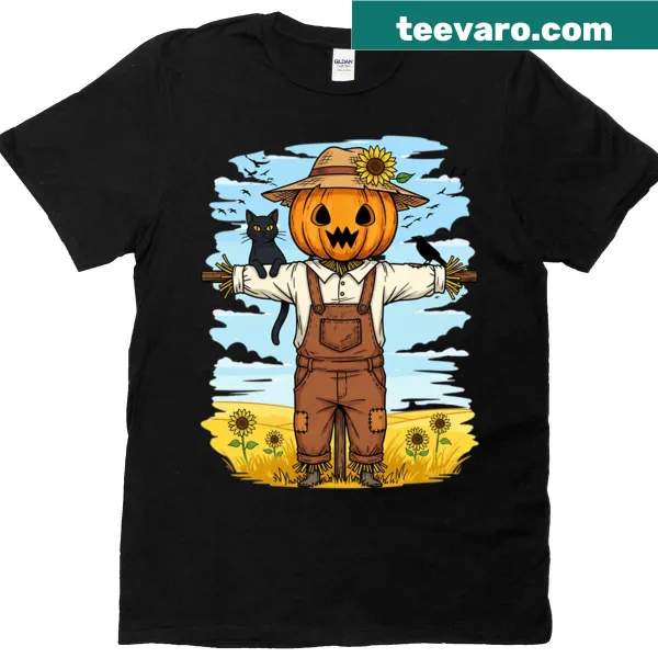 Heartwarming T-shirt featuring scarecrow, black cat, and sunflowers