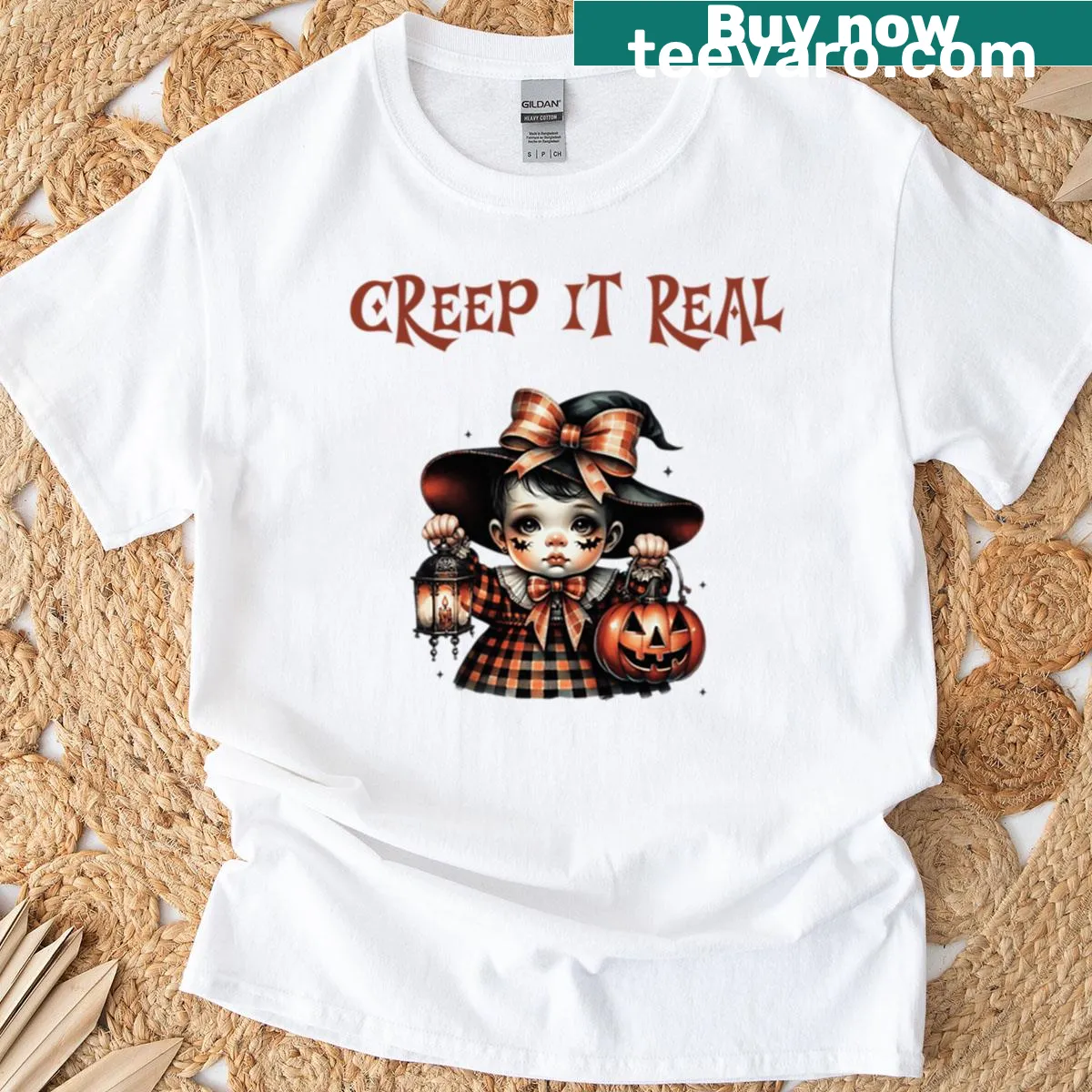 Funny Halloween shirt with the text 'Creep It Real' and spooky designs — on a men's t-shirt