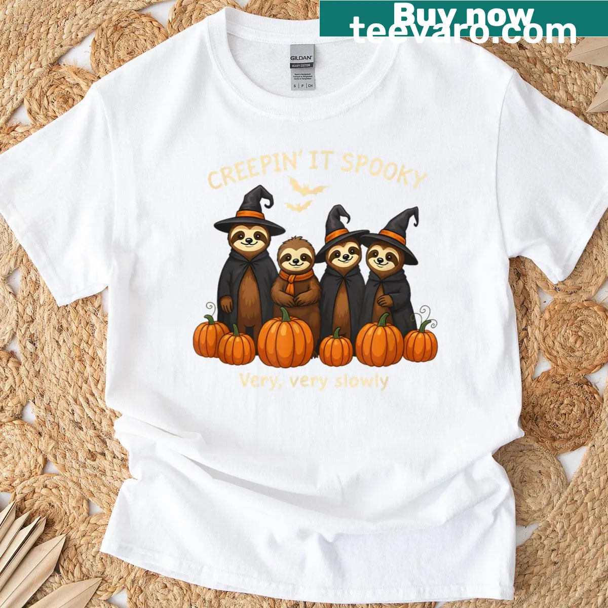 Funny Halloween shirt with sloths and pumpkin witch illustration — on a men's t-shirt