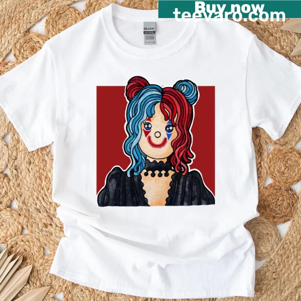 Watercolor creepy clown girl graphic on Halloween-themed t-shirt