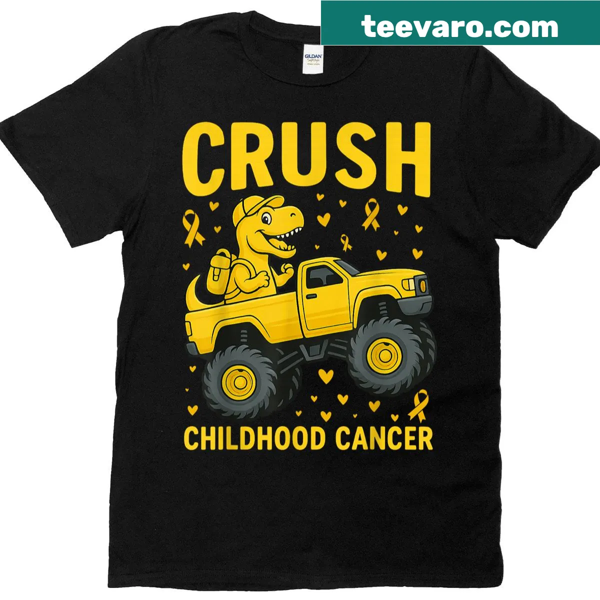 Boys t-shirt featuring monster truck and dinosaur design for cancer awareness. — on a men's t-shirt