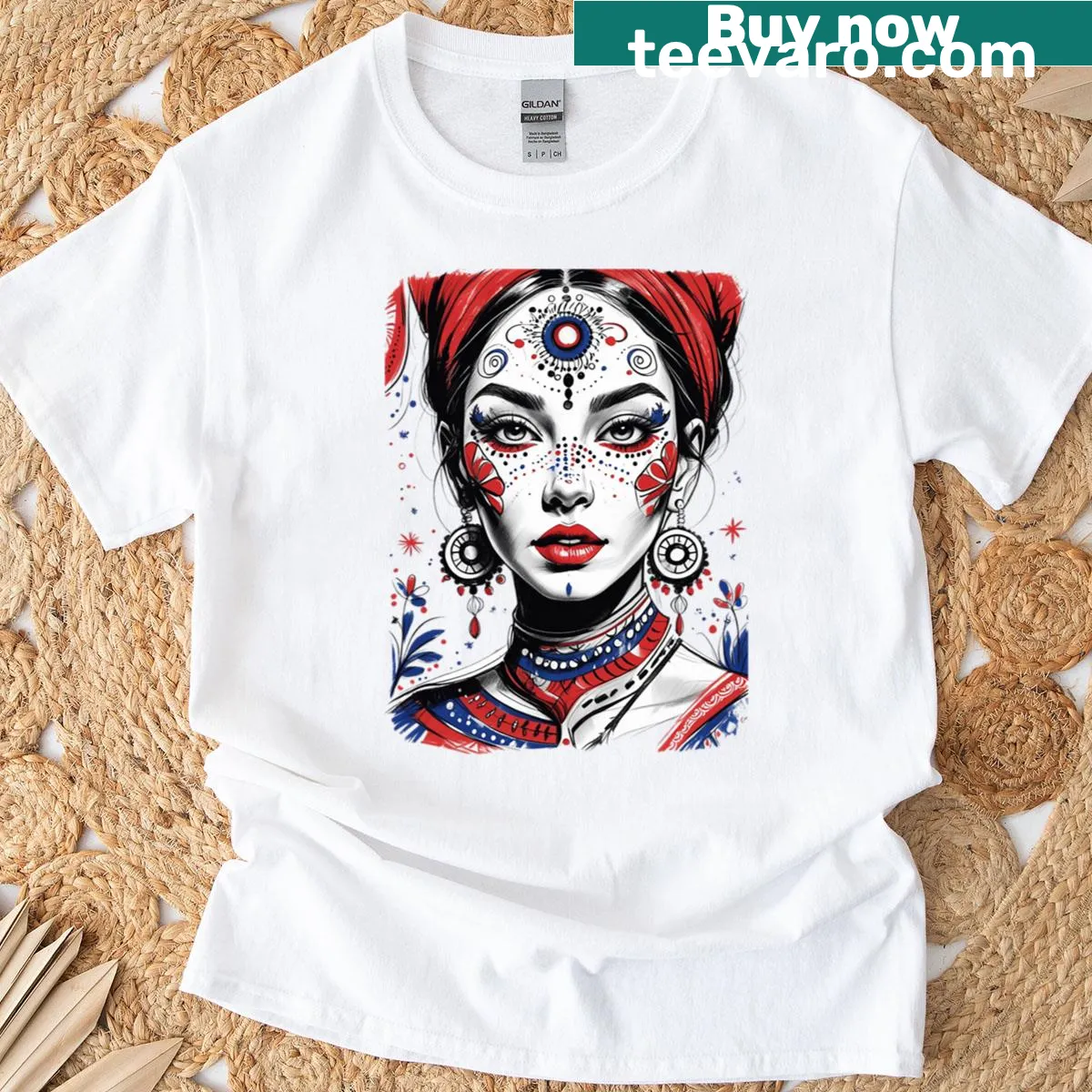 T-shirt featuring cultural face art and traditional design — on a men's t-shirt