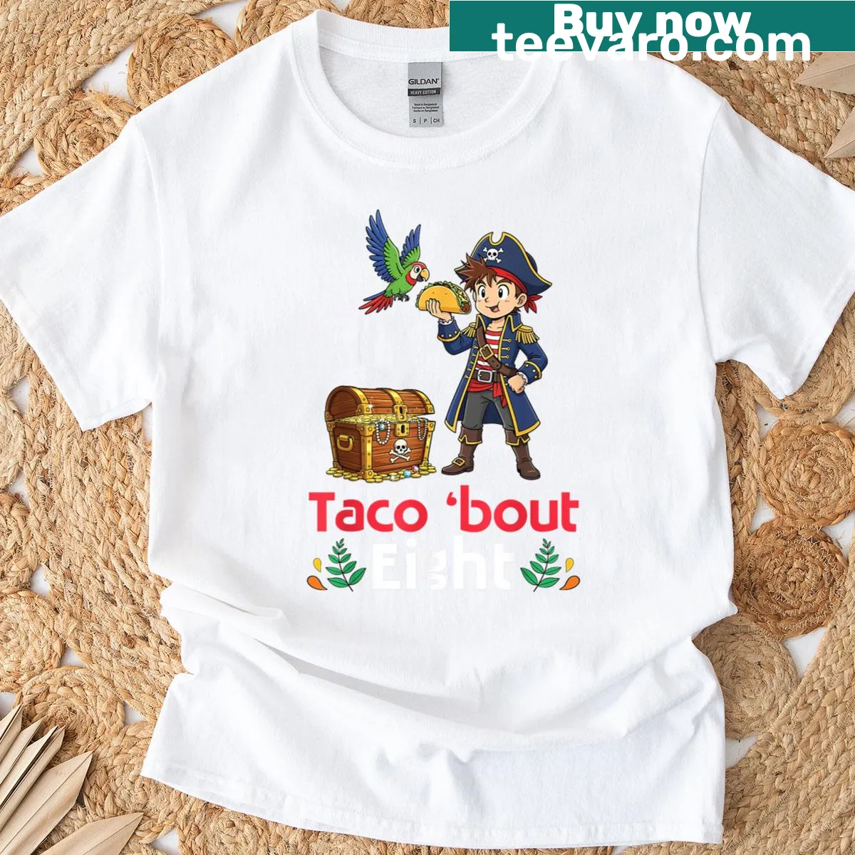 Cute birthday t-shirt with a boy and taco graphic for 8 years old — on a men's t-shirt