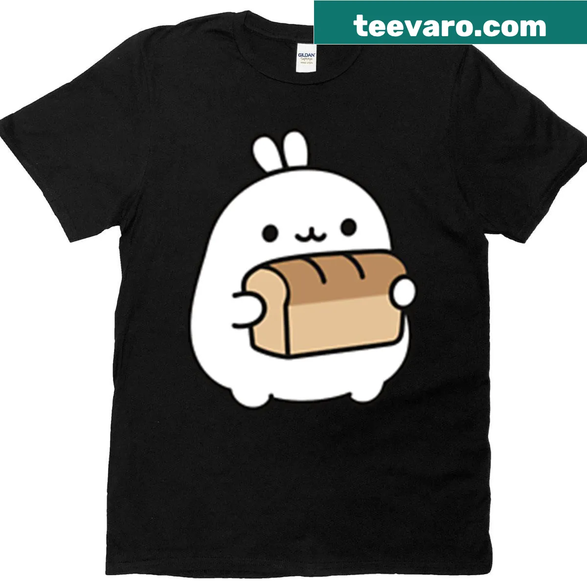 Kawaii bunny T-shirt featuring a cute cartoon bunny with bread loaf — on a men's t-shirt