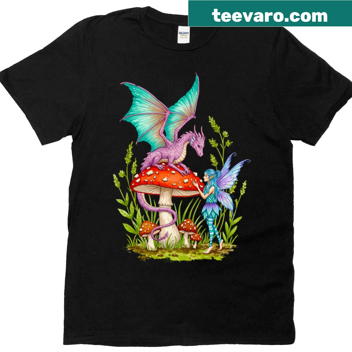 Adorable dragon T-shirt featuring a cute dragon on a mushroom house — on a men's t-shirt