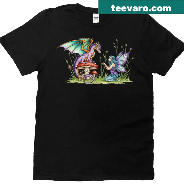 Whimsical dragon on a mushroom illustration on a t-shirt