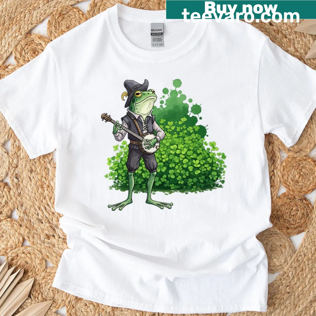 Cottagecore T-shirt featuring a cute froggy sticker illustration — on a men's t-shirt