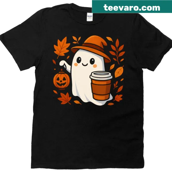 Cute ghost holding a coffee cup on a T-shirt