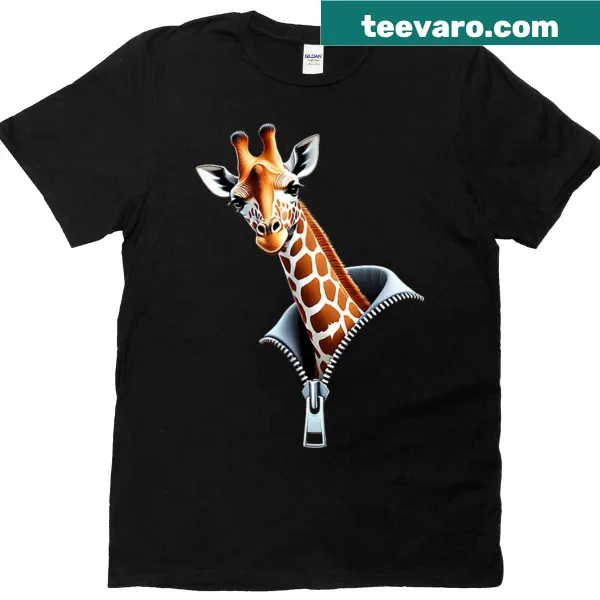 Funny giraffe design emerging from a zipper t-shirt
