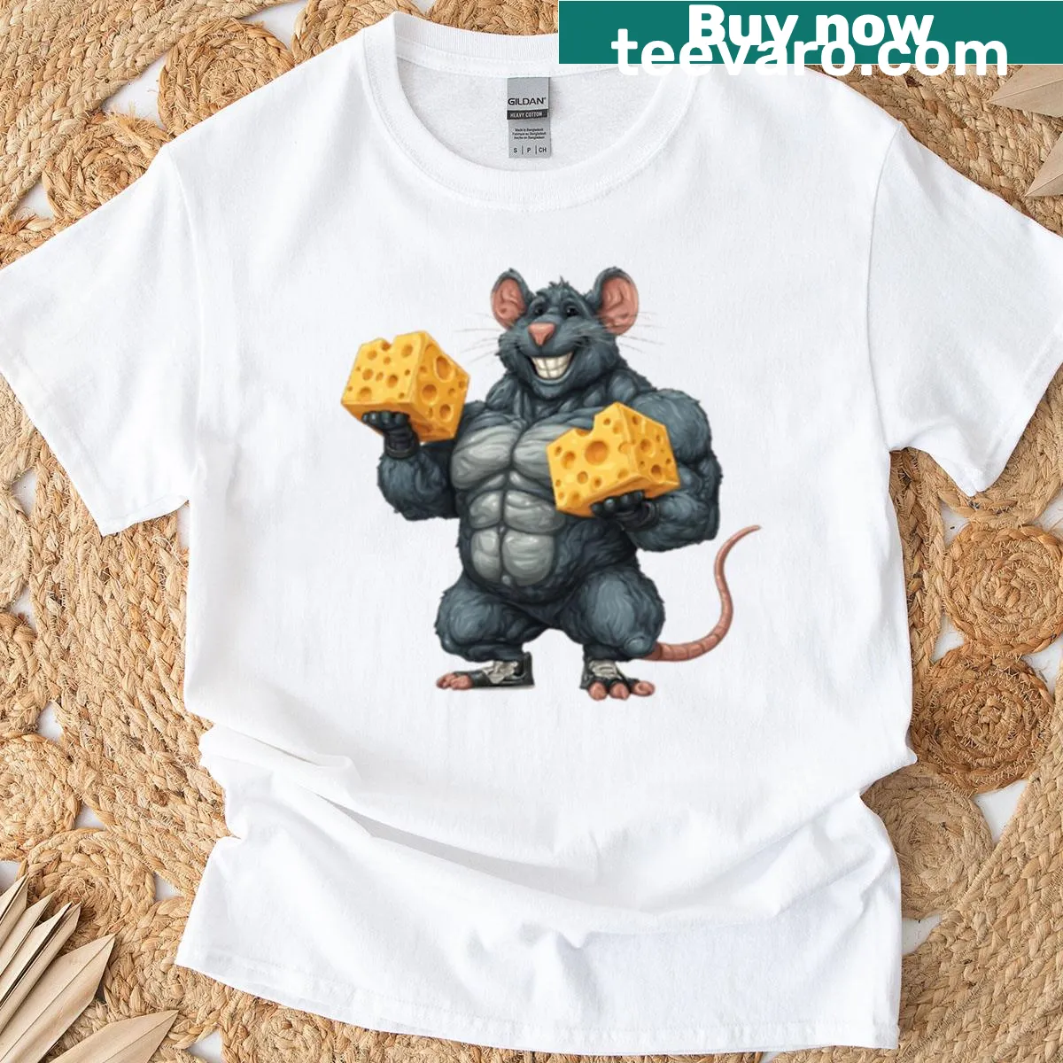 Funny T-shirt featuring a cartoon gym rat with weights — on a men's t-shirt