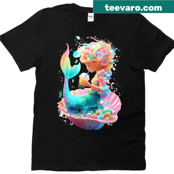Whimsical mermaid holding bubble tea in pastel ocean art T-shirt