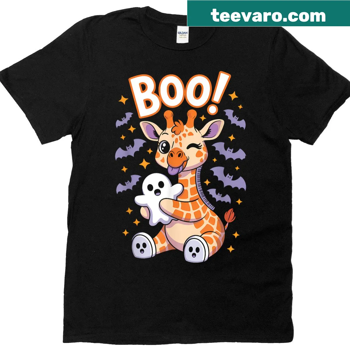 Playful Halloween T-shirt featuring a ghost giraffe and fun graphics — on a men's t-shirt