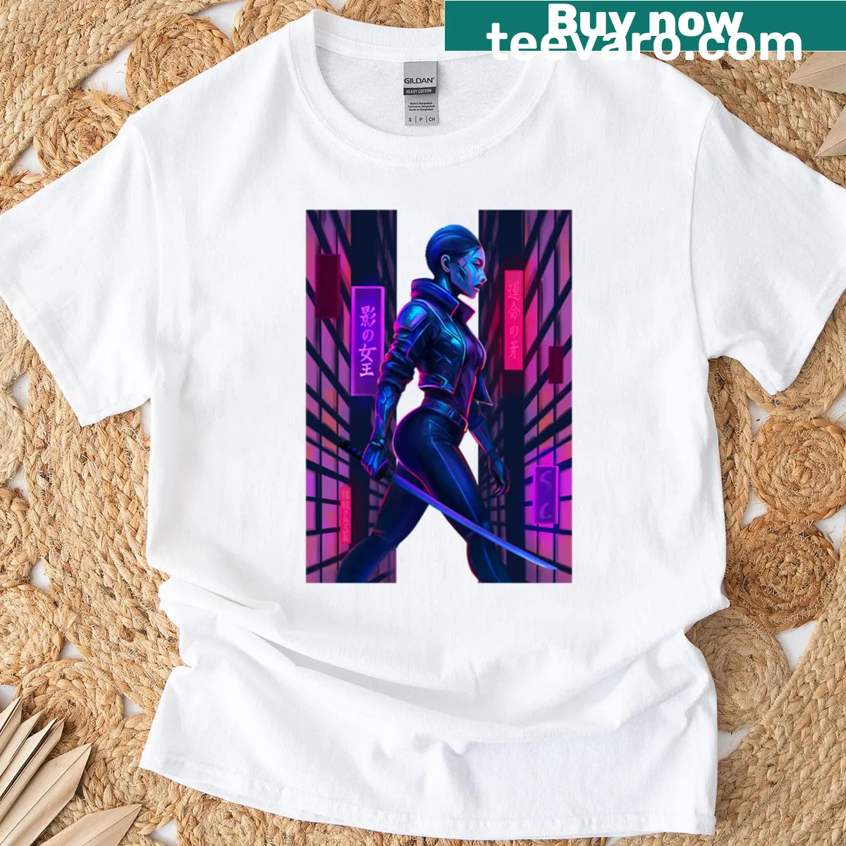 Illustration of a powerful Cyber Queen of Shadows in futuristic armor — on a men's t-shirt