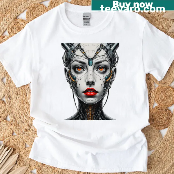 Illustration of a cybernetic goddess on a futuristic t-shirt