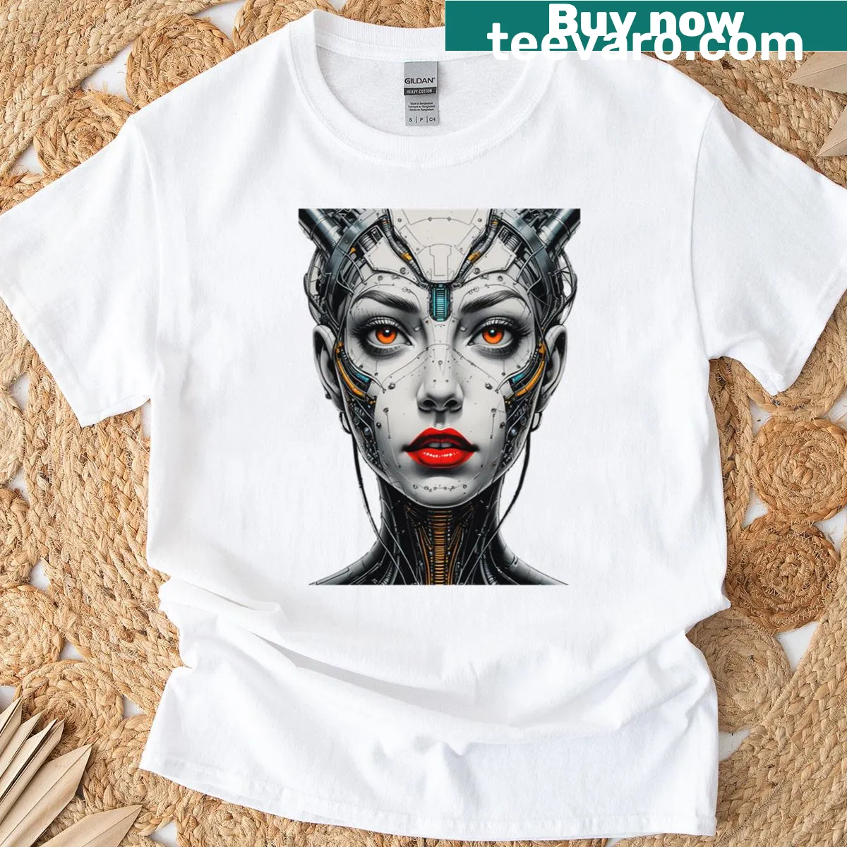 Illustration of a cybernetic goddess on a futuristic t-shirt — on a men's t-shirt