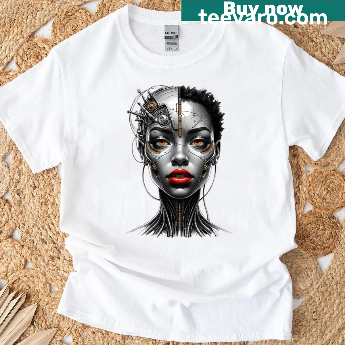 Futuristic graphic t-shirt featuring a cybernetic woman's face and mechanical details — on a men's t-shirt