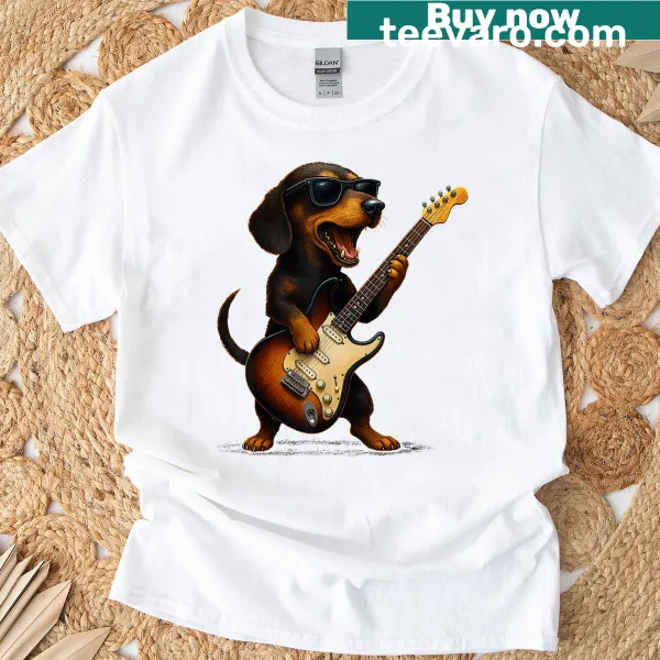 Illustration of a dachshund playing guitar on T-shirt