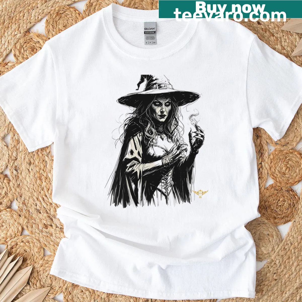 Black and white illustration of a dark witch on a T-shirt — on a men's t-shirt
