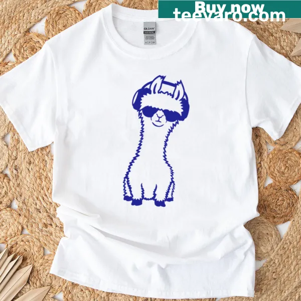 Cartoon DJ llama with sunglasses and headphones on T-shirt