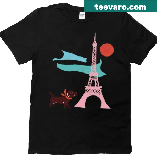 Illustration of a dog walking in Paris with the Eiffel Tower