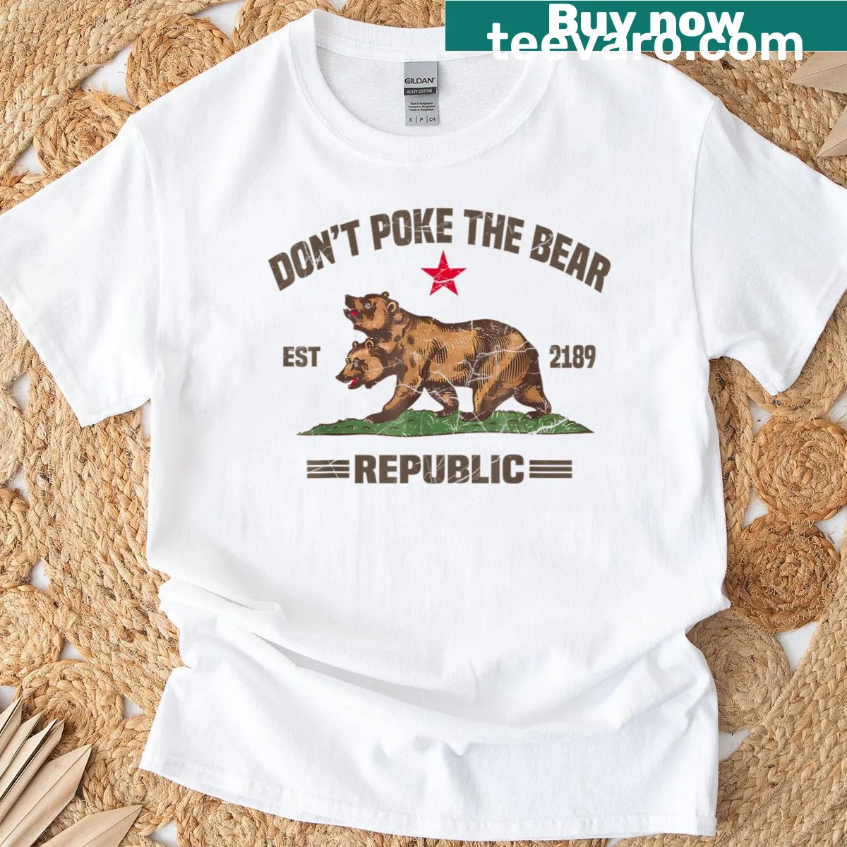 Humorous 'Don't Poke The Bear' text with a California bear graphic — on a men's t-shirt