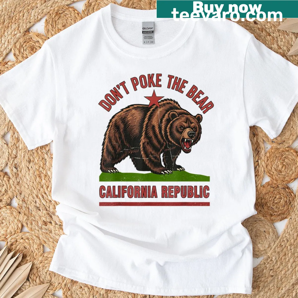 Vintage California bear graphic t-shirt with humorous text — on a men's t-shirt