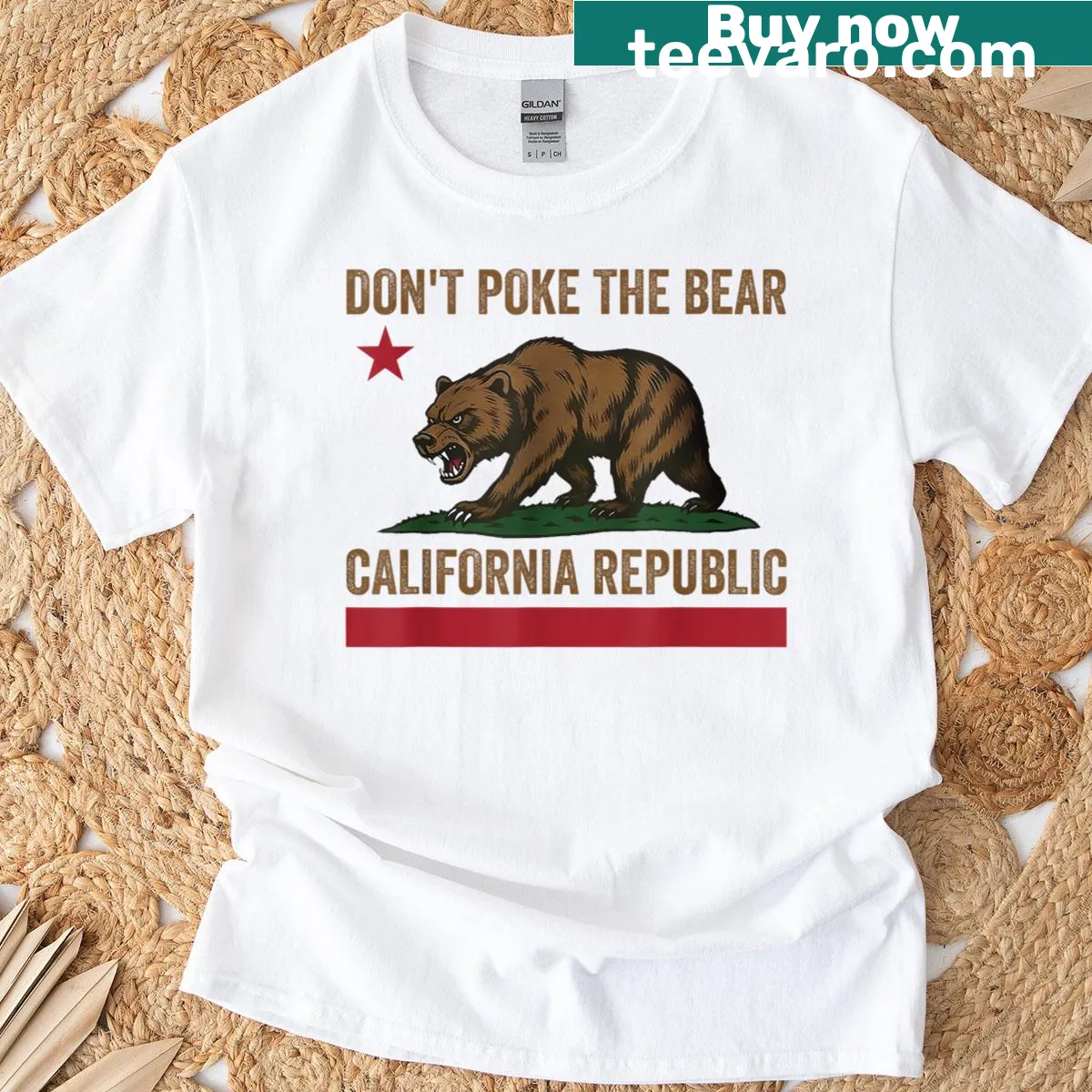 Humorous 'Don't Poke The Bear' shirt with California Republic design — on a men's t-shirt