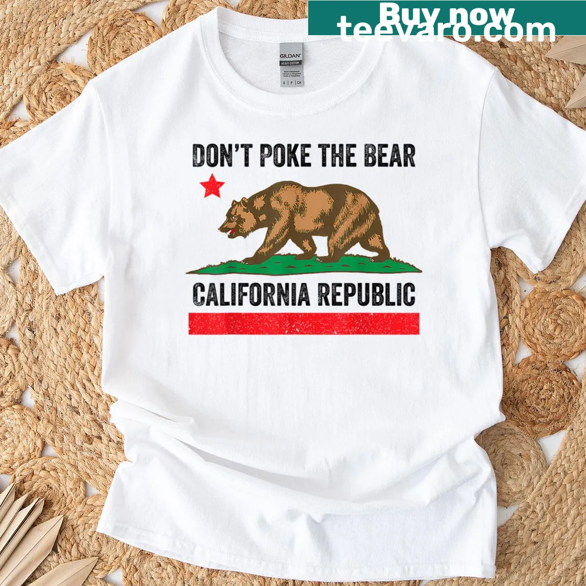California Republic bear T-shirt with funny warning text — on a men's t-shirt