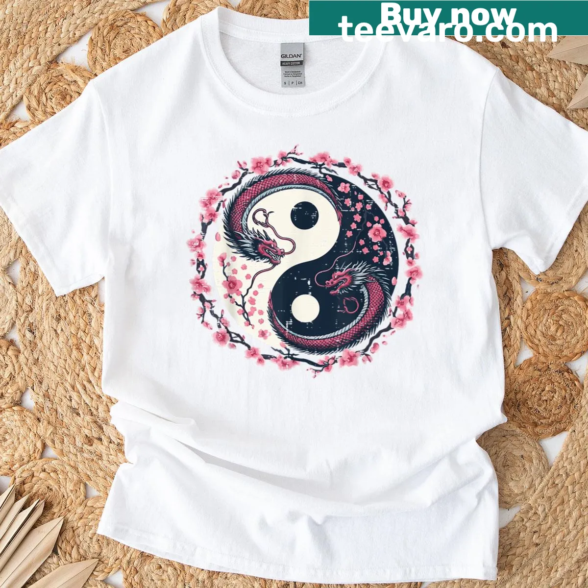 Japanese-inspired T-shirt with dragon and cherry blossoms — on a men's t-shirt