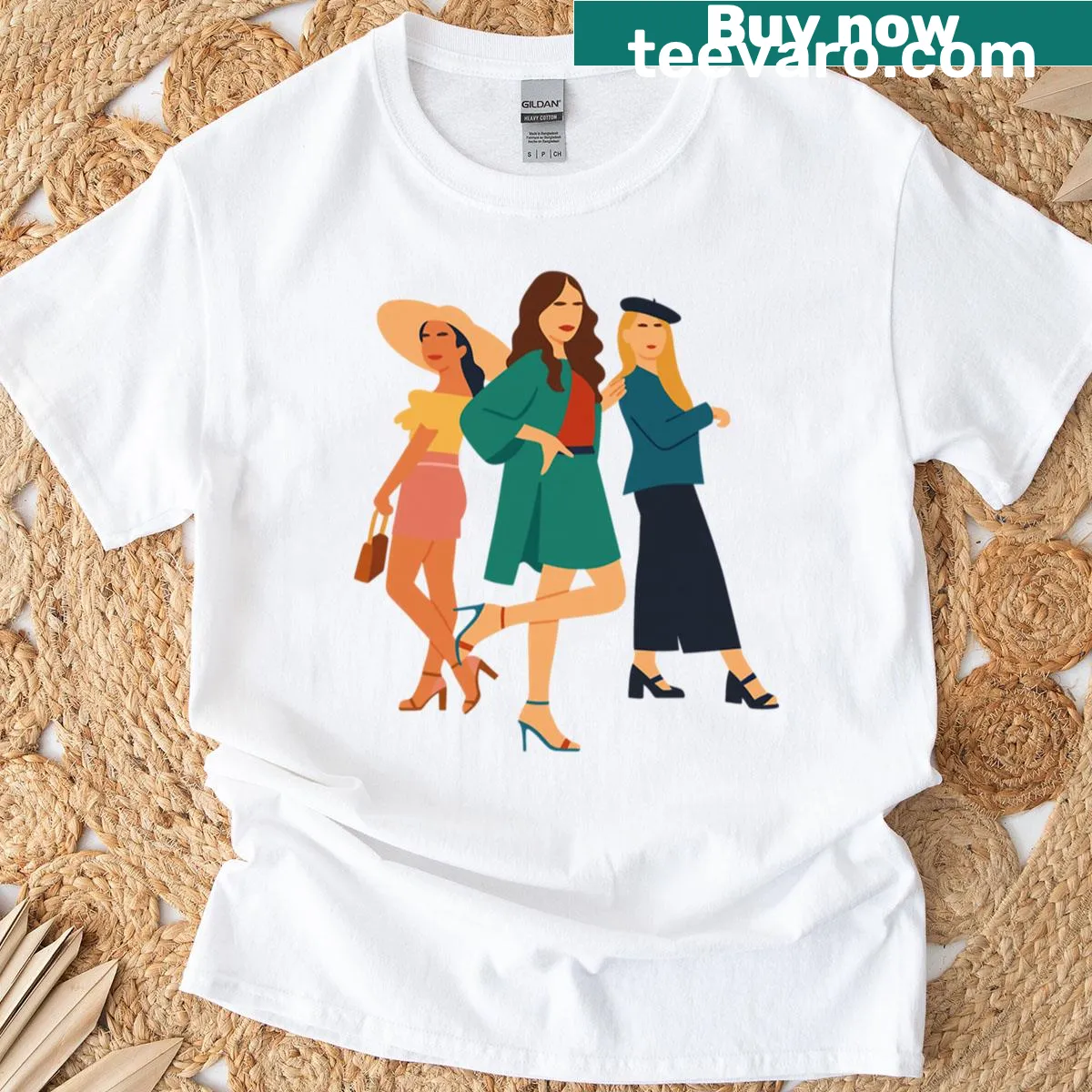 Stylized drawing of Emily, Camille, and Mindy from Emily in Paris — on a men's t-shirt
