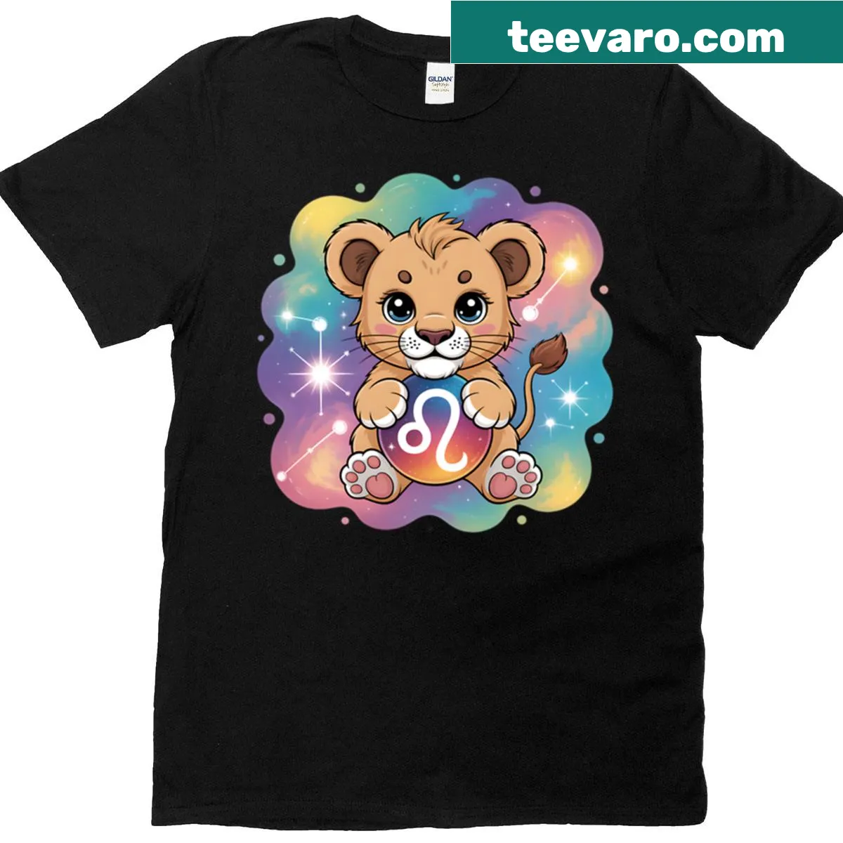 Adorable lion cub with zodiac symbol illustration t-shirt — on a men's t-shirt
