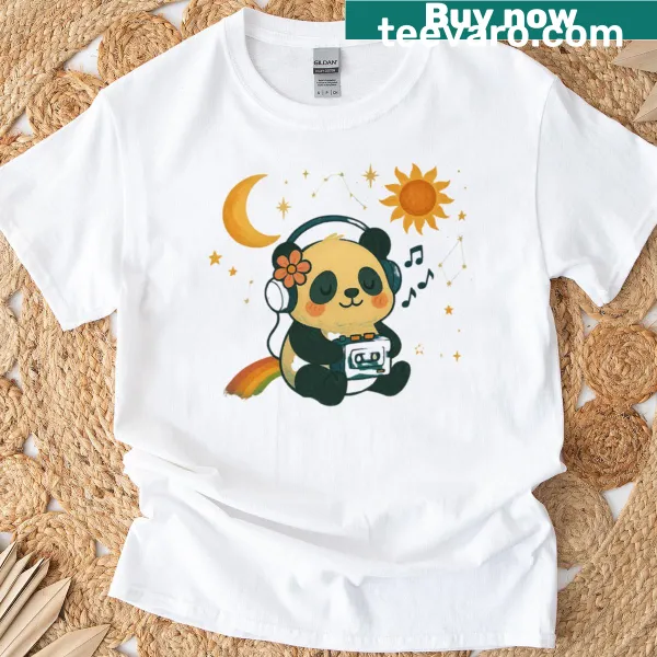 Whimsical T-shirt featuring a dreamy panda enjoying music