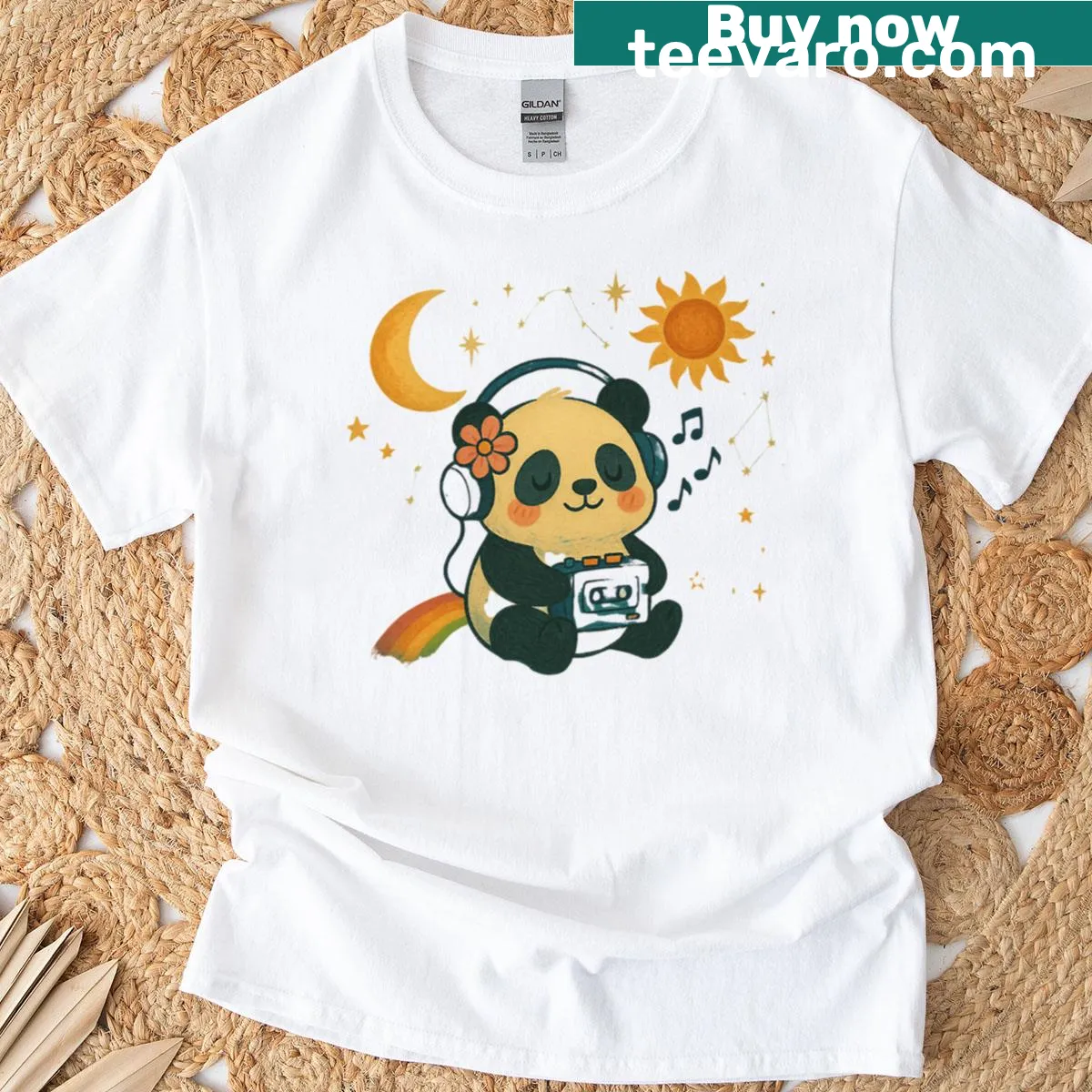 Whimsical T-shirt featuring a dreamy panda enjoying music — on a men's t-shirt