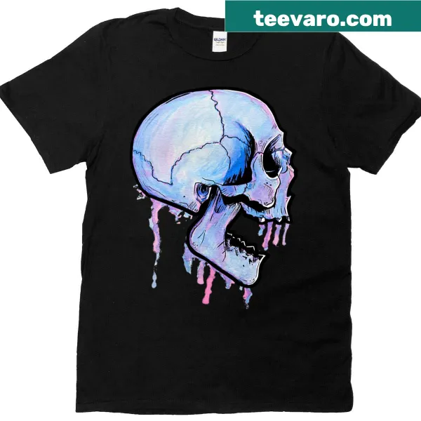Unique pastel skull graphic with a dripping design on T-shirt