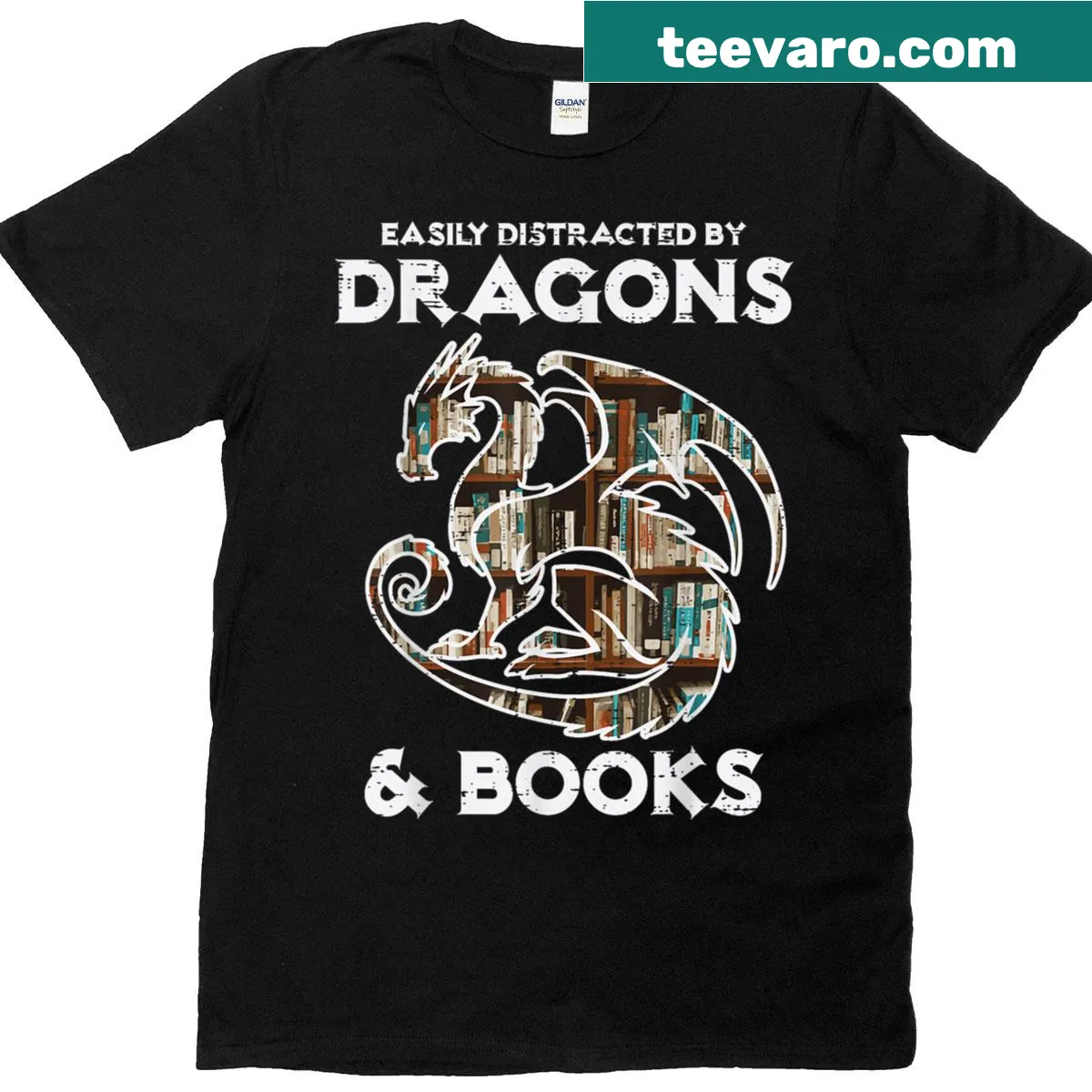 Playful T-shirt for book lovers with dragon graphic — on a men's t-shirt