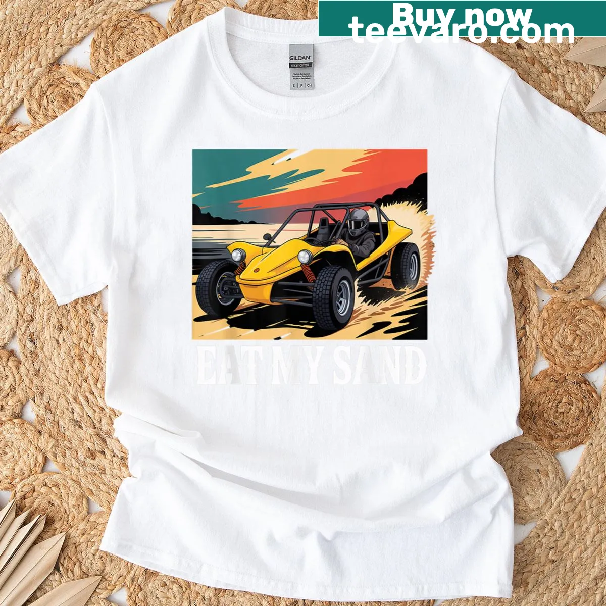 Illustrated T-shirt featuring a sand rail racing off-road vehicle — on a men's t-shirt