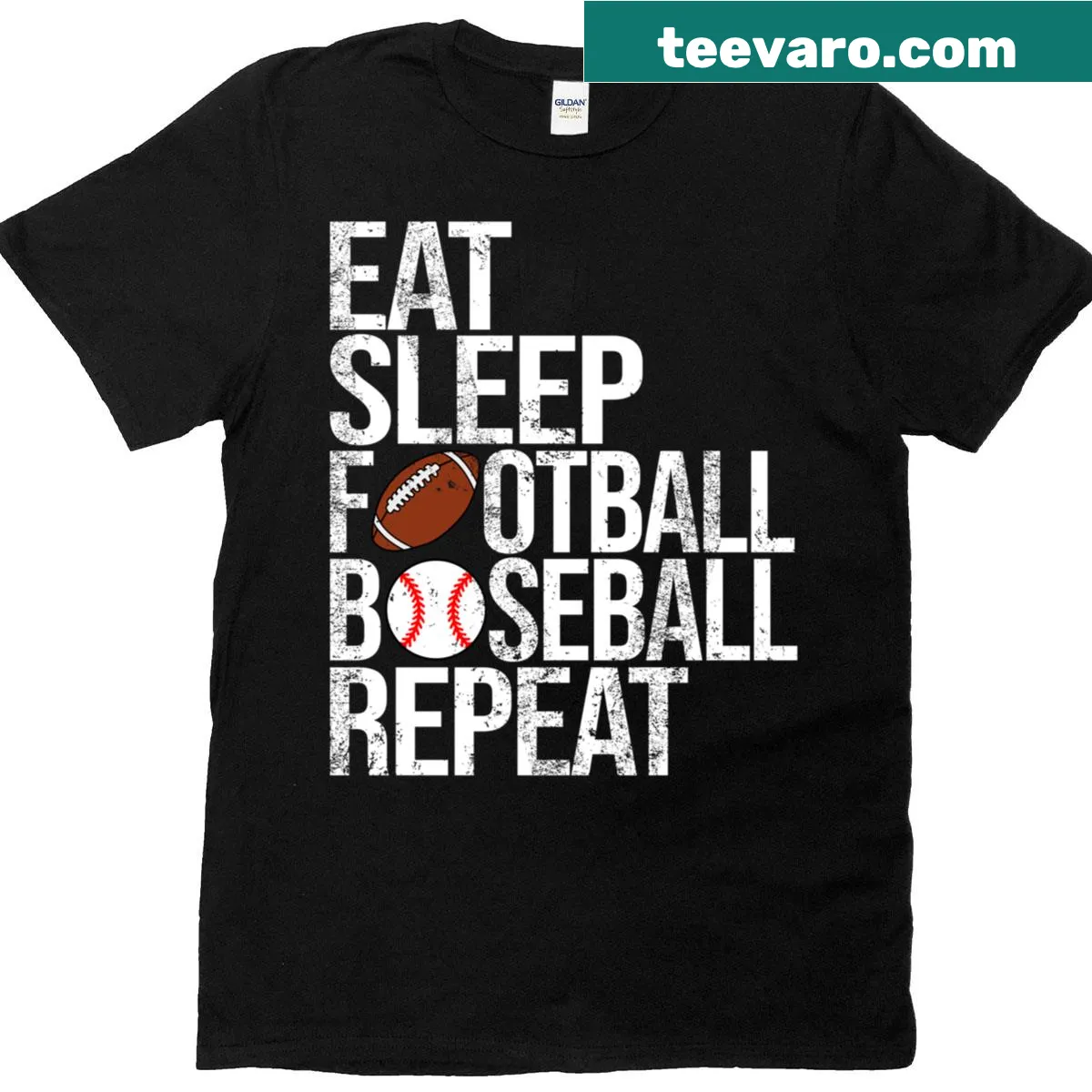 Funny t-shirt with Eat Sleep Football Baseball Repeat — on a men's t-shirt