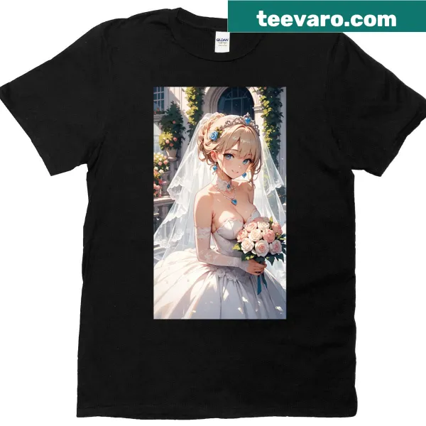 Illustration of an anime bride in a romantic wedding dress on a T-shirt