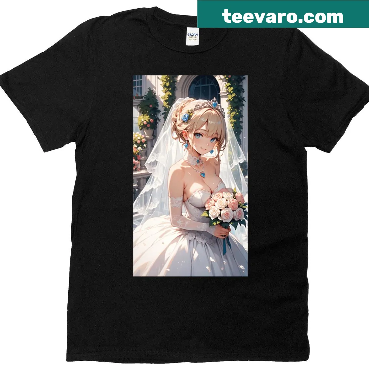 Illustration of an anime bride in a romantic wedding dress on a T-shirt — on a men's t-shirt