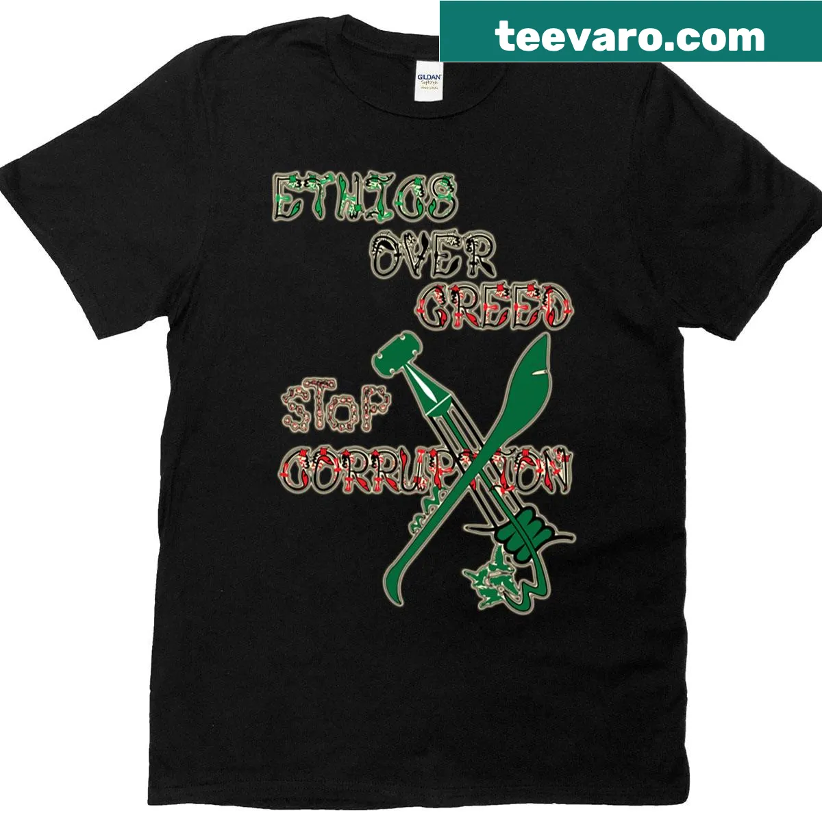Typography T-shirt promoting ethics over greed and anti-corruption — on a men's t-shirt