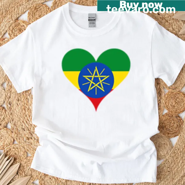 T-shirt featuring a heart-shaped Ethiopian flag design promoting unity and peace