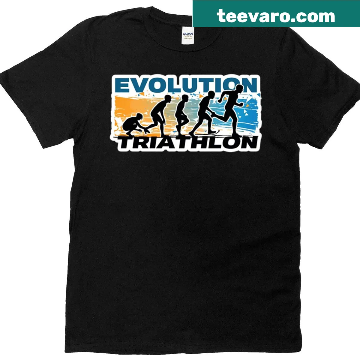 Evolution graphic featuring swim, bike, run on a T-shirt — on a men's t-shirt