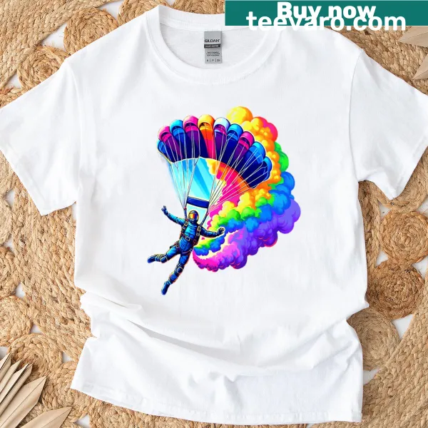 Illustration of skydiving with rainbow smoke trails on a t-shirt
