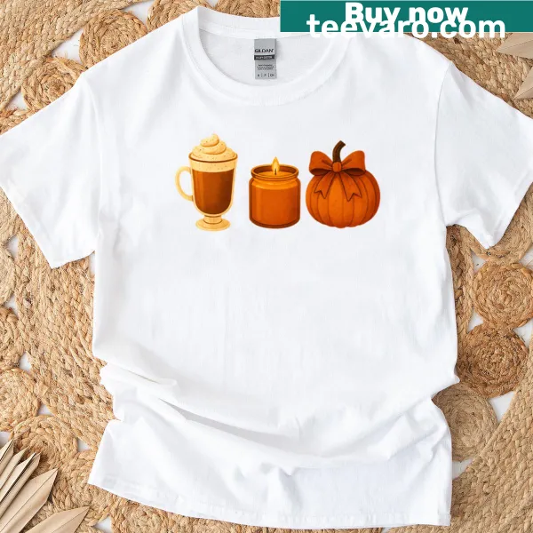 Vintage-style T-shirt with fall-themed graphics of latte, candle, and pumpkin