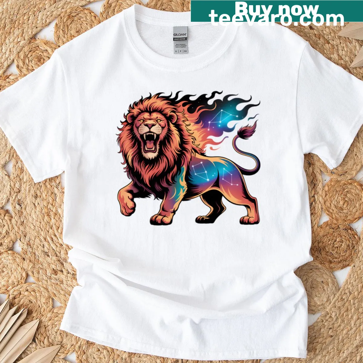 Illustration of a roaring lion with constellations in the background — on a men's t-shirt