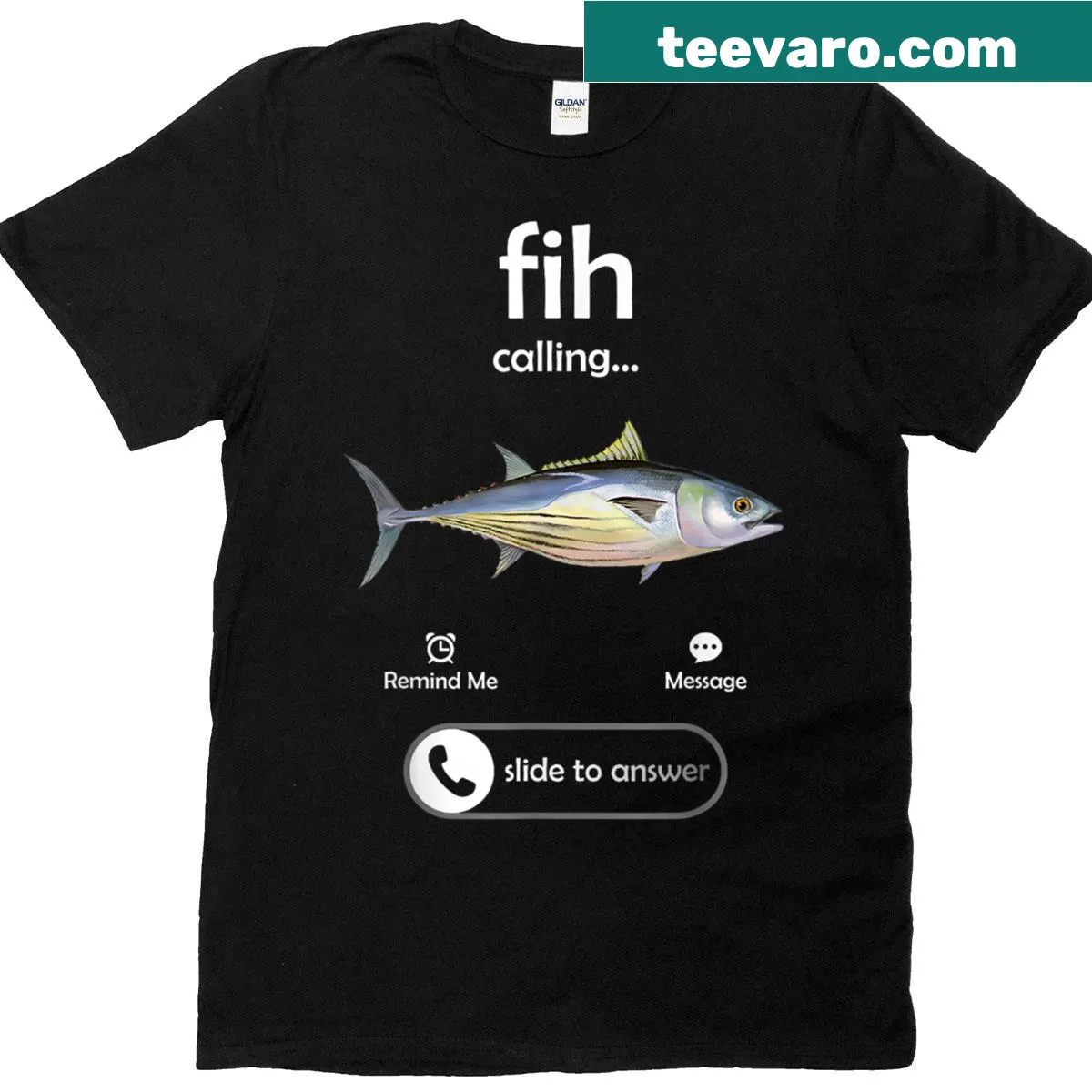 Humorous fishing t-shirt with the phrase 'Fih Calling Slide To Answer' — on a men's t-shirt